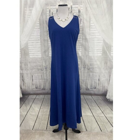 Lauren Ralph Lauren Size 10 Solid Blue Sleeveless Dress V Neck Built-in Bra NEW - Picture 1 of 10